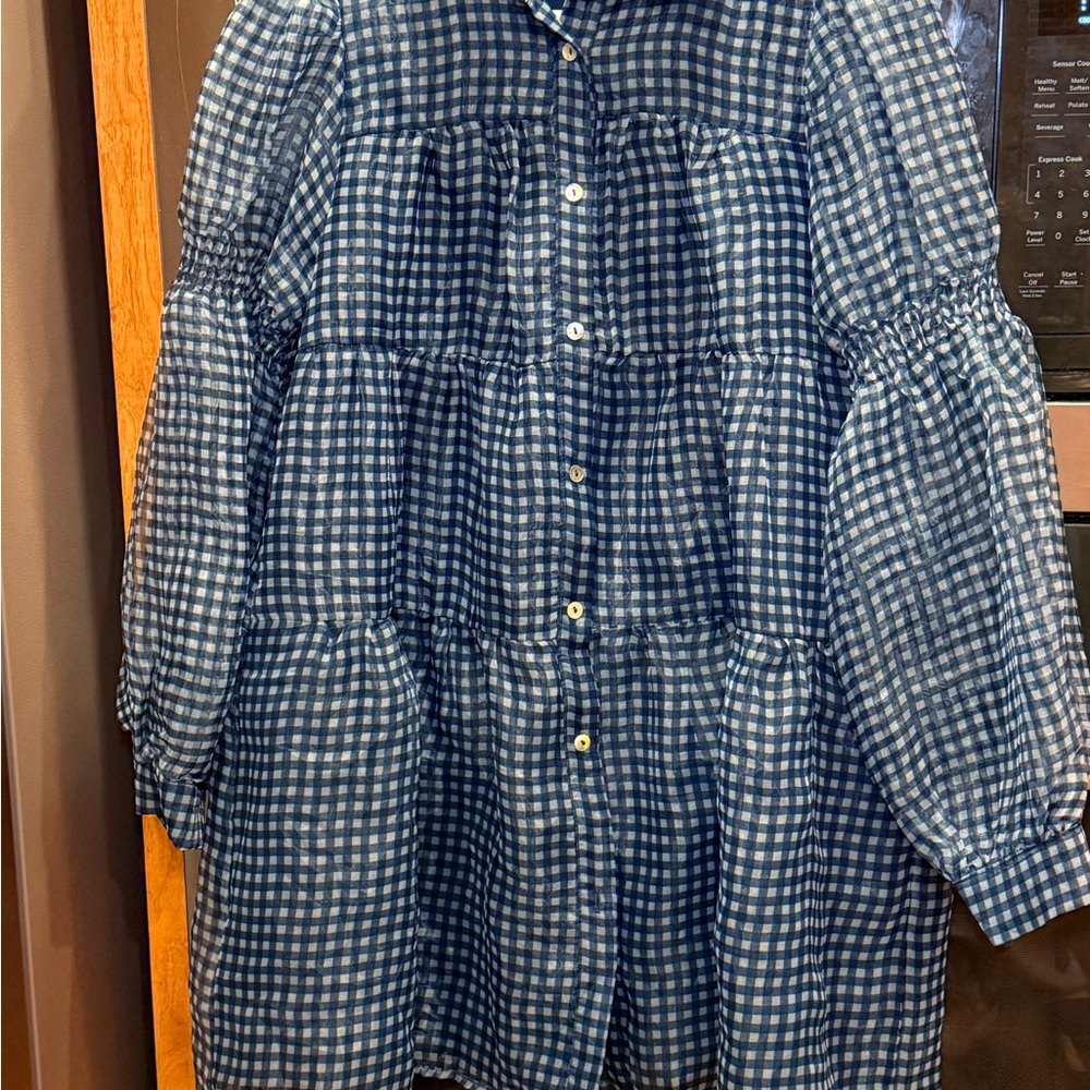 Listicle navy plaid button-down sheer tiered mini dress with puff sleeves.  Sz M - Picture 2 of 15